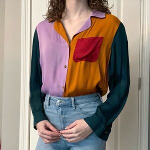 Farm Rio for Anthropologie long sleeve color block button up blouse collared top
